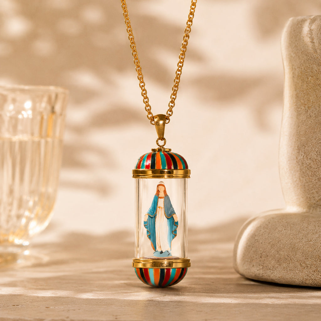 GIVELUCK 18K Gold Plated Saint Miniature Necklace, Virgin Mary Miraculous Medal, Shimmering rainbow finish, Hand‑Painted Sacred Art Faith Jewelry for Men and Women