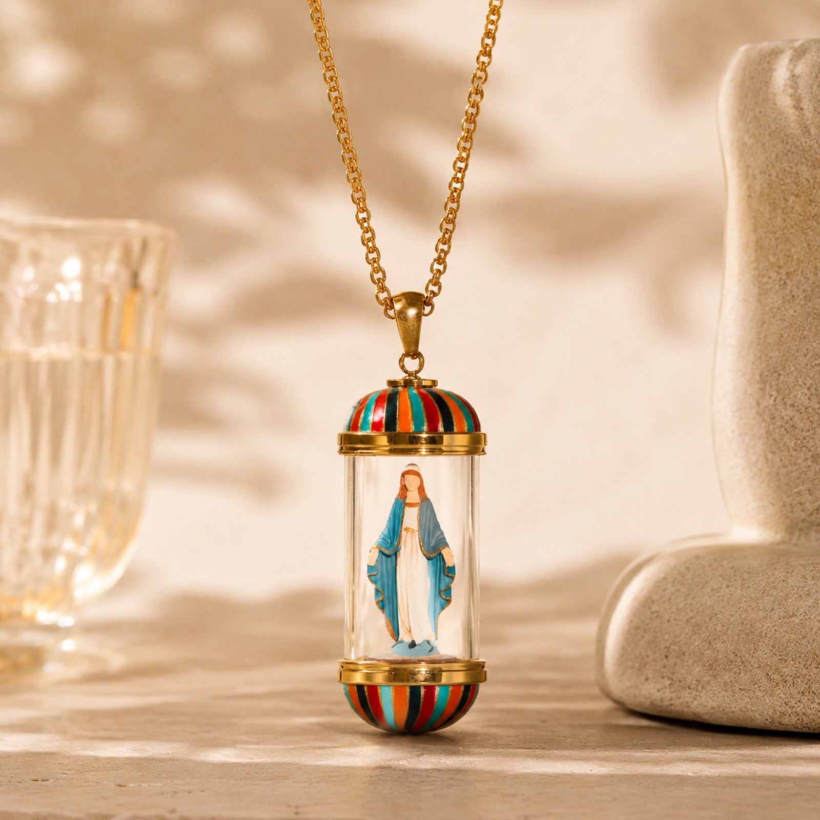 GIVELUCK 18K Gold Plated Saint Miniature Necklace, Virgin Mary Miraculous Medal, Shimmering rainbow finish, Hand‑Painted Sacred Art Faith Jewelry for Men and Women