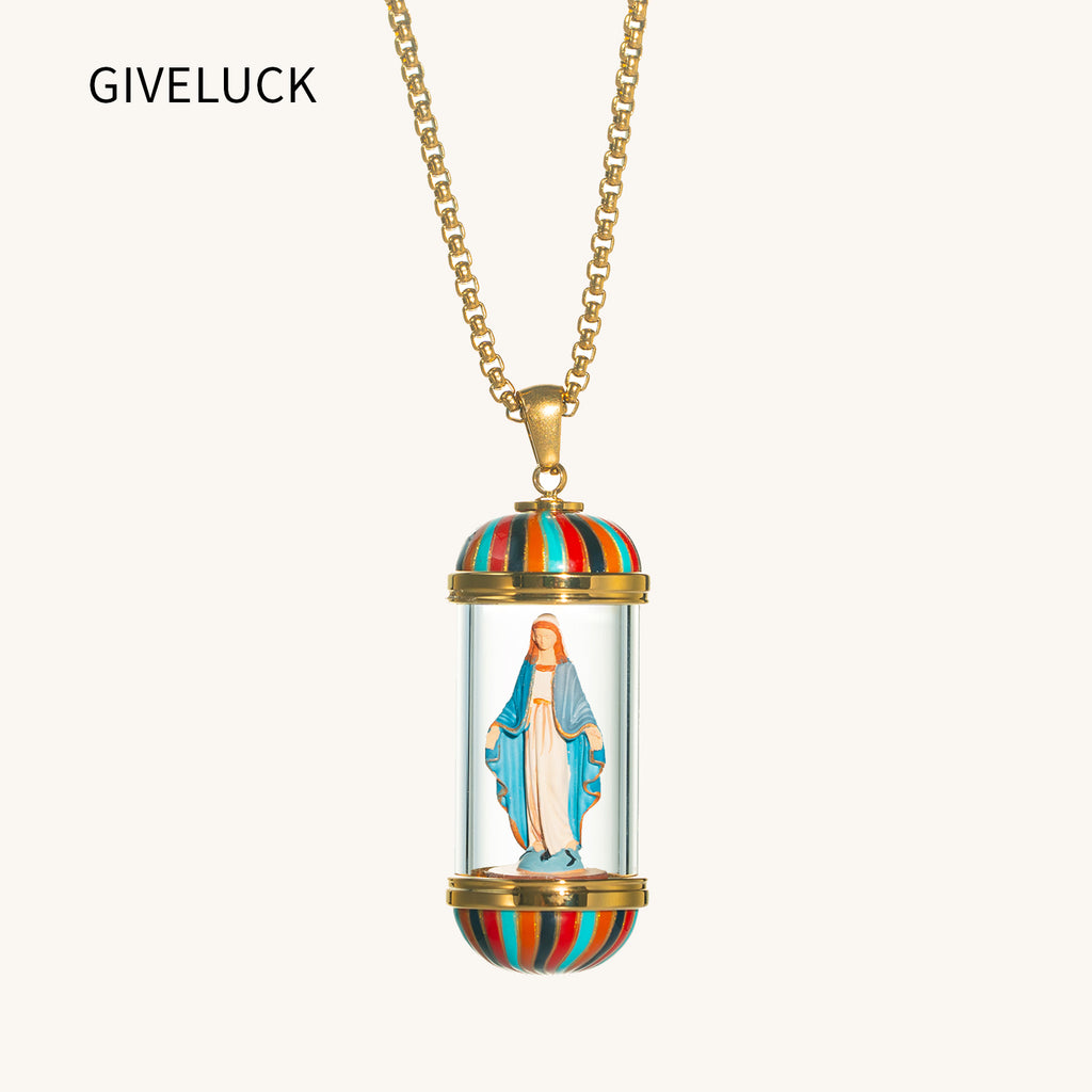 GIVELUCK 18K Gold Plated Saint Miniature Necklace, Virgin Mary Miraculous Medal, Shimmering rainbow finish, Hand‑Painted Sacred Art Faith Jewelry for Men and Women