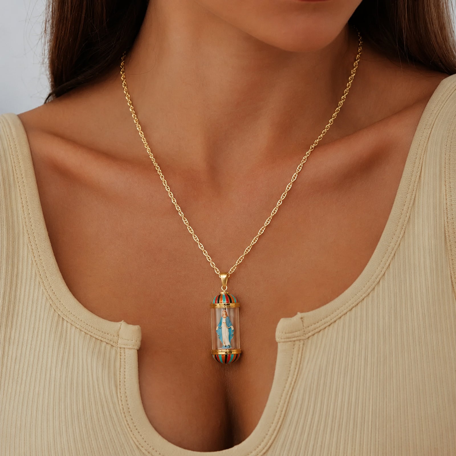 GIVELUCK 18K Gold Plated Saint Miniature Necklace, Virgin Mary Miraculous Medal, Shimmering rainbow finish, Hand‑Painted Sacred Art Faith Jewelry for Men and Women