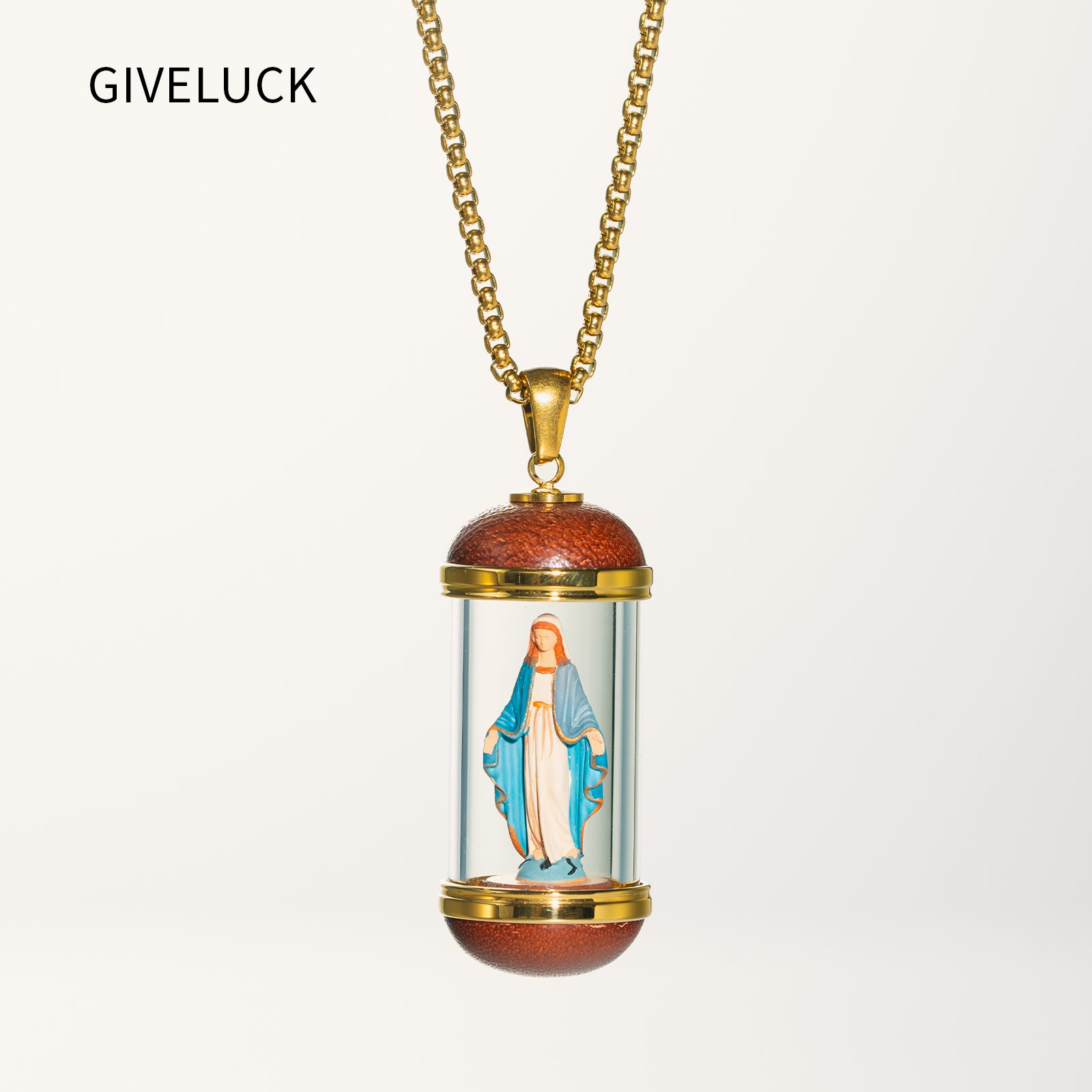 GIVELUCK 18K Gold Plated Saint Miniature Necklace, Virgin Mary Miraculous Medal, Shimmering rainbow finish, Hand‑Painted Sacred Art Faith Jewelry for Men and Women