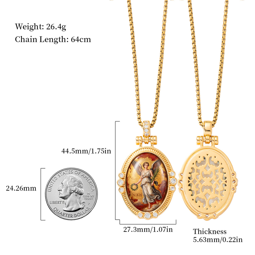 GIVELUCK Luxury 18K Gold Plated Nike Greek Goddess of Victory Pendant Necklace – Authentic Vitreous Fire Enamel Medallion, Triumph & Success Amulet, Fine Jewelry Gift for Her, Wife, Friends