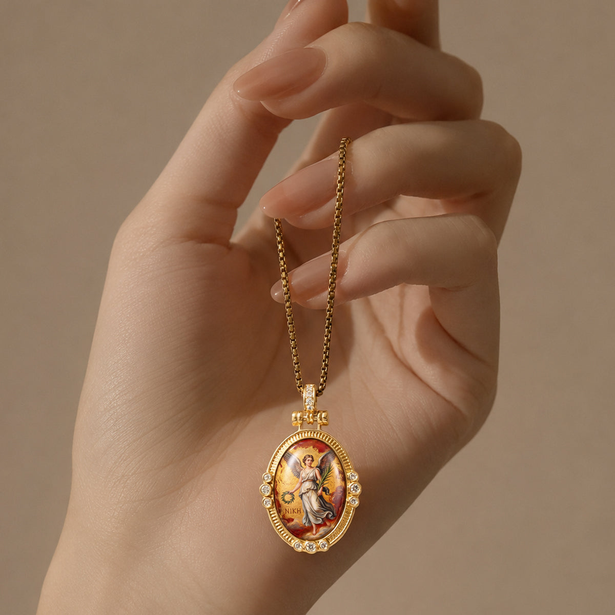 GIVELUCK Luxury 18K Gold Plated Nike Greek Goddess of Victory Pendant Necklace – Authentic Vitreous Fire Enamel Medallion, Triumph & Success Amulet, Fine Jewelry Gift for Her, Wife, Friends