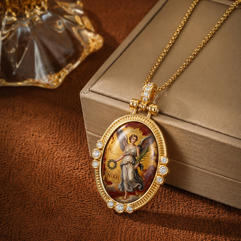 GIVELUCK Luxury 18K Gold Plated Nike Greek Goddess of Victory Pendant Necklace – Authentic Vitreous Fire Enamel Medallion, Triumph & Success Amulet, Fine Jewelry Gift for Her, Wife, Friends