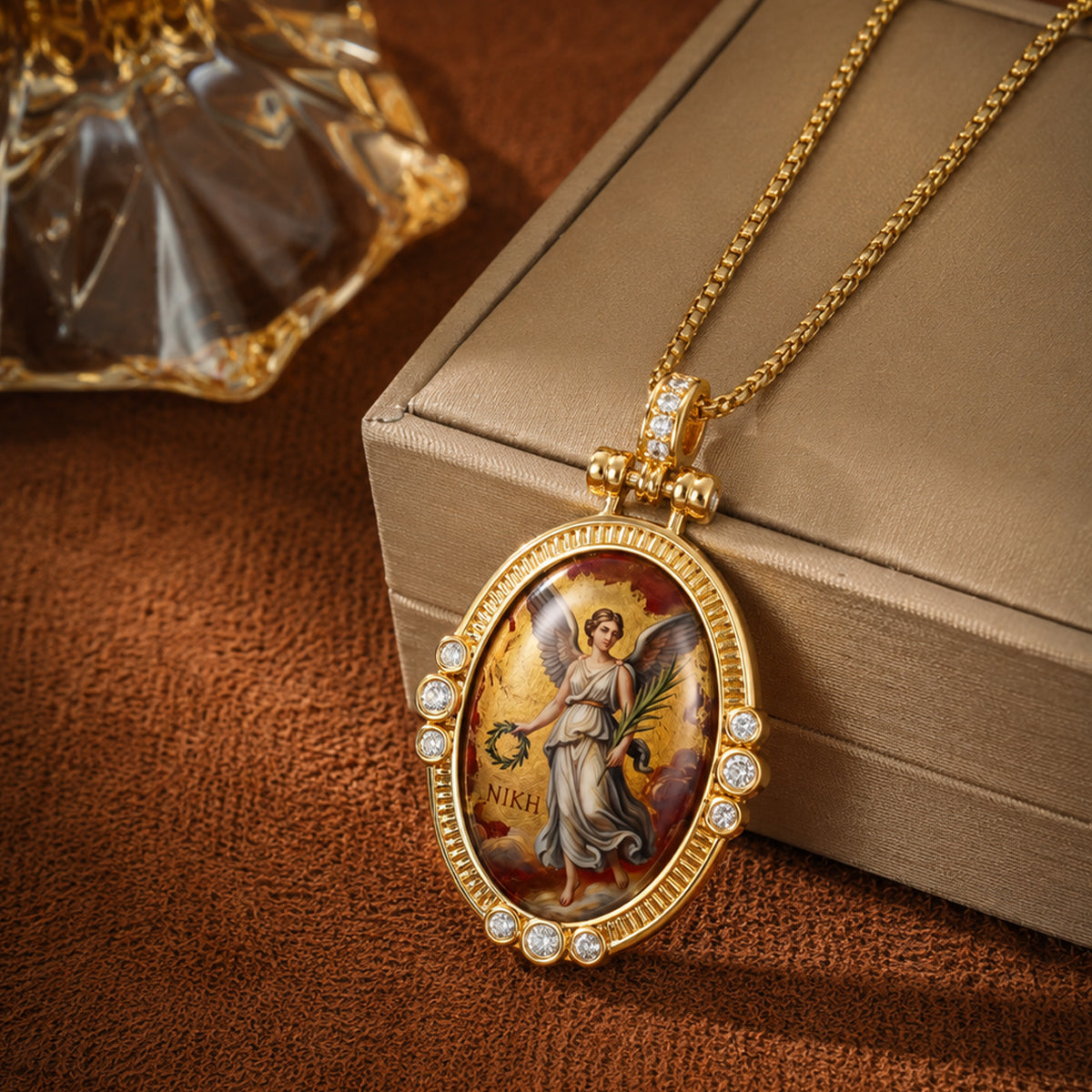 GIVELUCK Luxury 18K Gold Plated Nike Greek Goddess of Victory Pendant Necklace – Authentic Vitreous Fire Enamel Medallion, Triumph & Success Amulet, Fine Jewelry Gift for Her, Wife, Friends