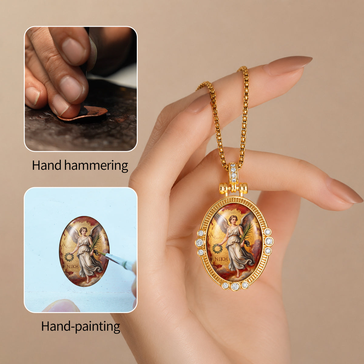 GIVELUCK Luxury 18K Gold Plated Nike Greek Goddess of Victory Pendant Necklace – Authentic Vitreous Fire Enamel Medallion, Triumph & Success Amulet, Fine Jewelry Gift for Her, Wife, Friends