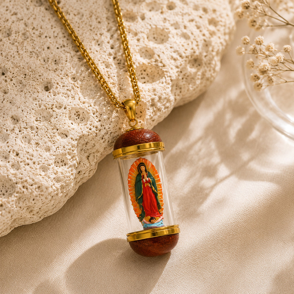 18K Gold Plated Saint Miniature Necklace, Our Lady of Guadalupe Devotional Medal, Mary Magdalene necklace, Shimmering rainbow finish, Hand‑Painted Sacred Art Faith Jewelry for Men and Women