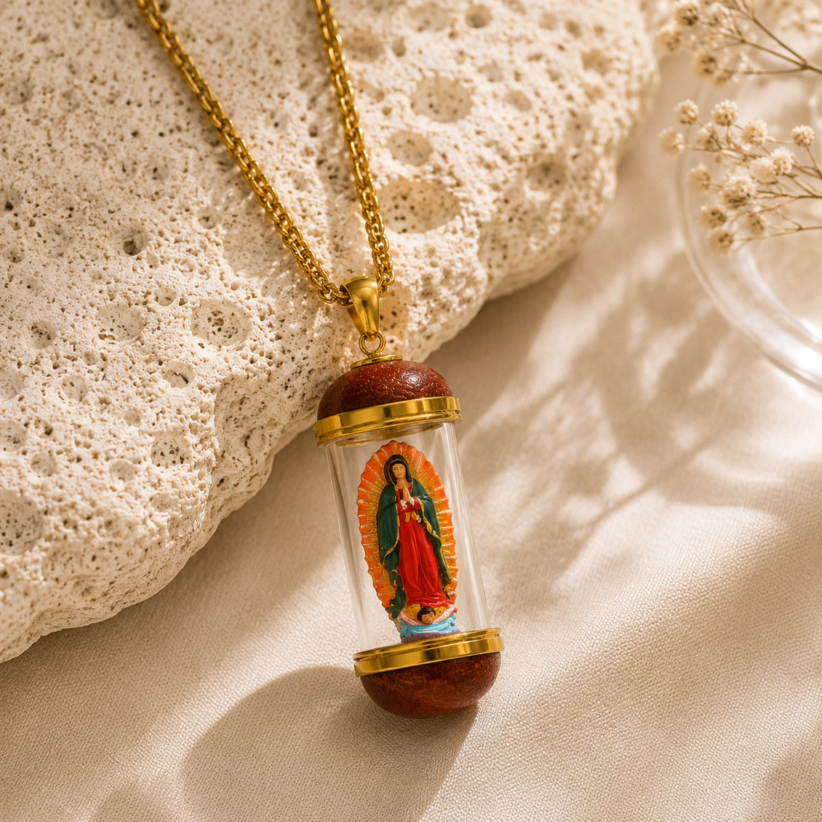 18K Gold Plated Saint Miniature Necklace, Our Lady of Guadalupe Devotional Medal, Mary Magdalene necklace, Shimmering rainbow finish, Hand‑Painted Sacred Art Faith Jewelry for Men and Women