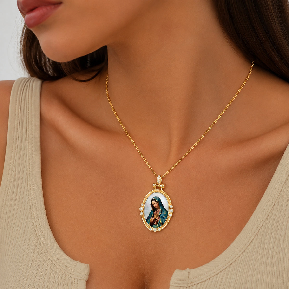 GIVELUCK Our Lady of Guadalupe Virgin Mary Miraculous Medal Necklace for Men & Women, 18K Gold Plated Mother of Pearl Saint Christopher Pendant with Zircon, Catholic Protection Jewelry Gift