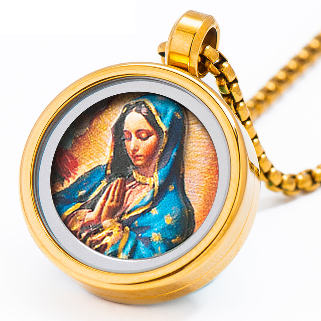 GIVELUCK 18k Plated Gold Catholic Our Lady of Guadalupe Devotional Medal Cameo Embossing Pendant Necklace for Women and Men