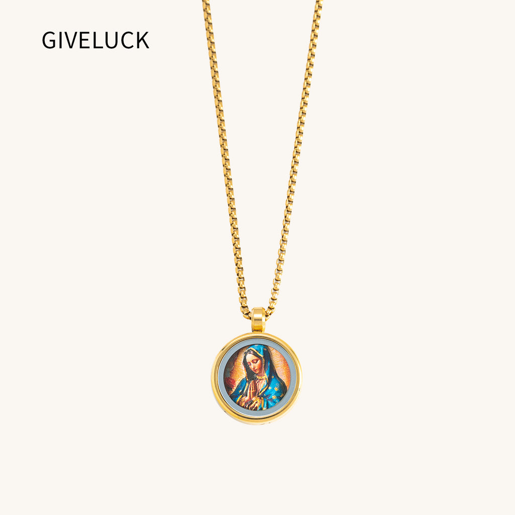 GIVELUCK 18k Plated Gold Catholic Our Lady of Guadalupe Devotional Medal Cameo Embossing Pendant Necklace for Women and Men