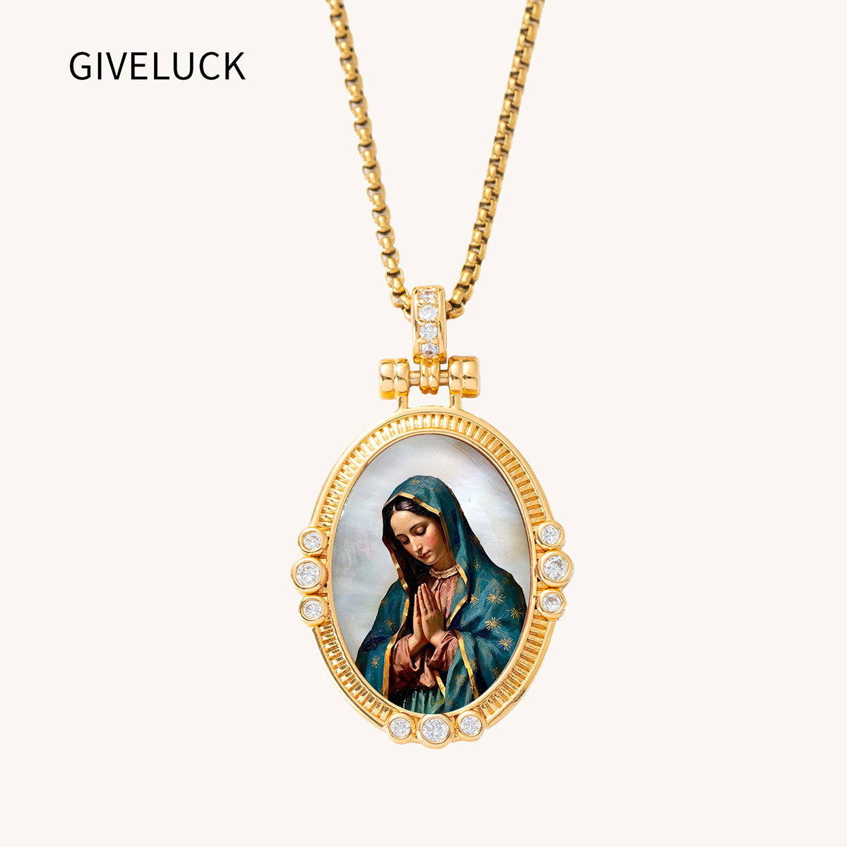 GIVELUCK Our Lady of Guadalupe Virgin Mary Miraculous Medal Necklace for Men & Women, 18K Gold Plated Mother of Pearl Saint Christopher Pendant with Zircon, Catholic Protection Jewelry Gift