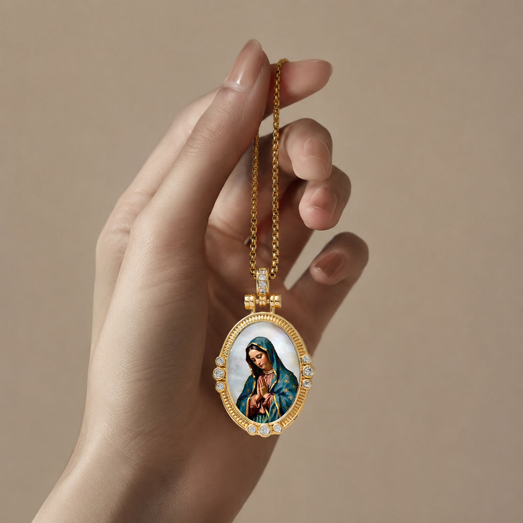 GIVELUCK Our Lady of Guadalupe Virgin Mary Miraculous Medal Necklace for Men & Women, 18K Gold Plated Mother of Pearl Saint Christopher Pendant with Zircon, Catholic Protection Jewelry Gift
