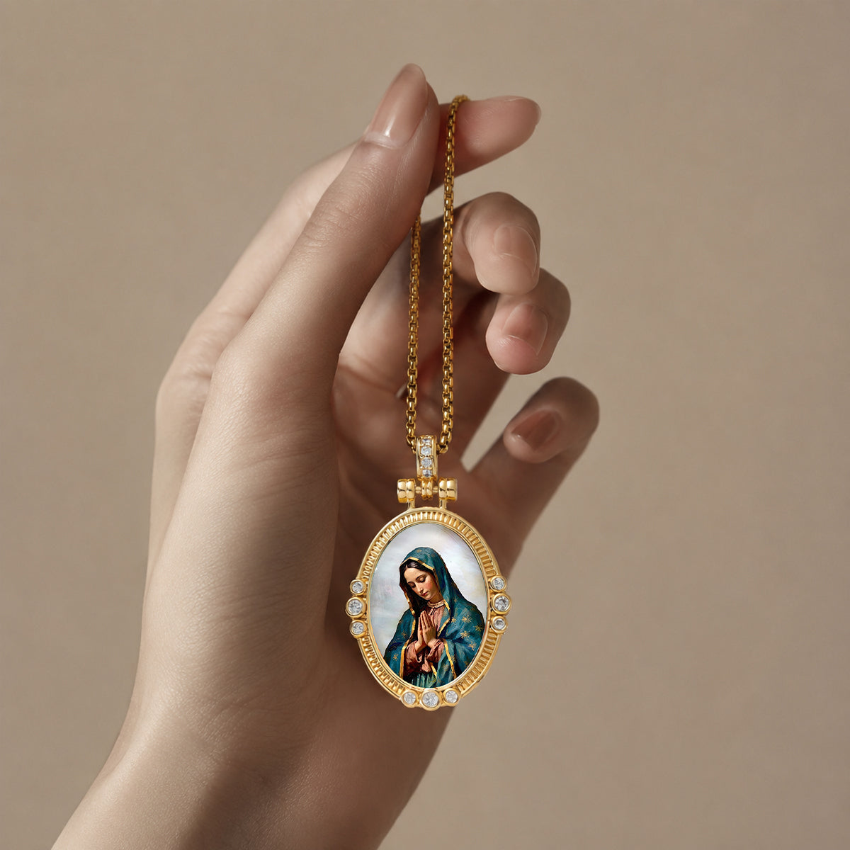 GIVELUCK Our Lady of Guadalupe Virgin Mary Miraculous Medal Necklace for Men & Women, 18K Gold Plated Mother of Pearl Saint Christopher Pendant with Zircon, Catholic Protection Jewelry Gift