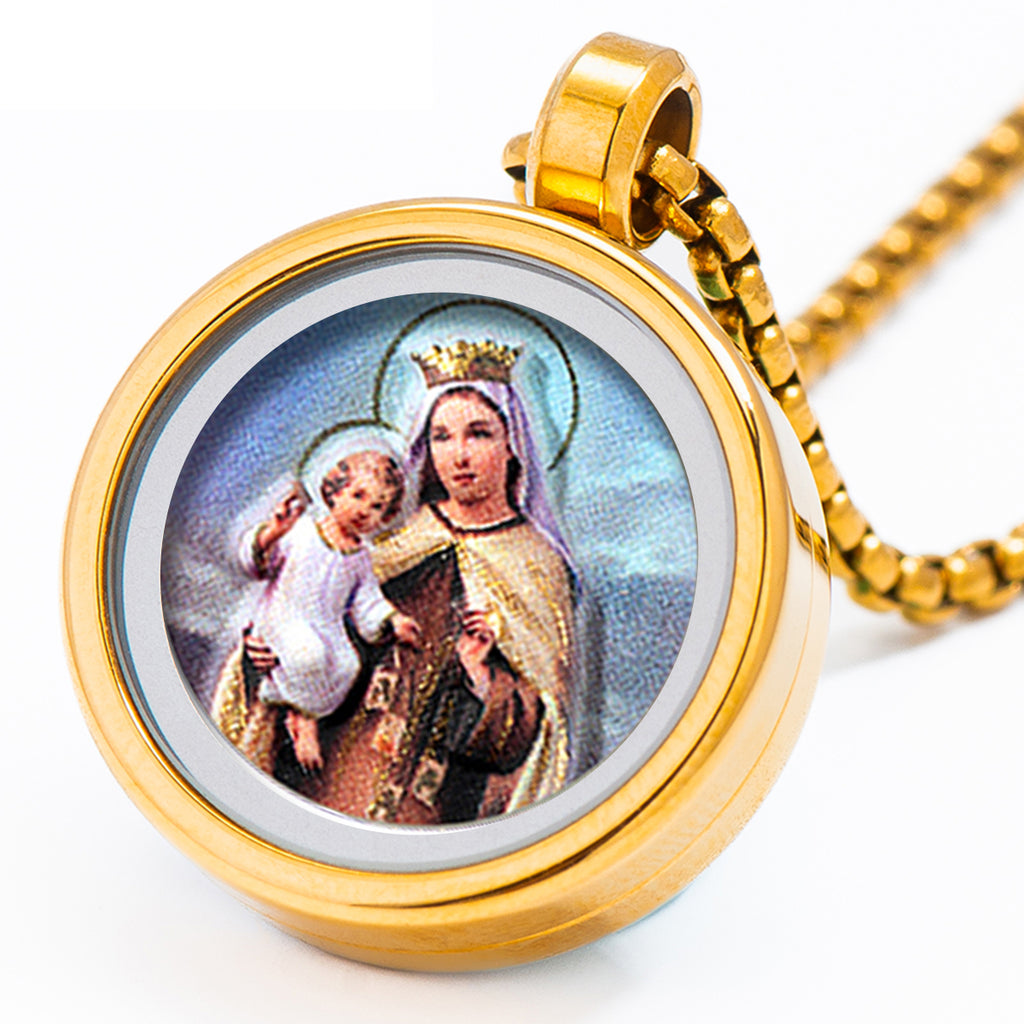GIVELUCK 18k Plated Gold Catholic Our Lady of Mount Carmel Devotional Medal Cameo Embossing Pendant Necklace for Women and Men