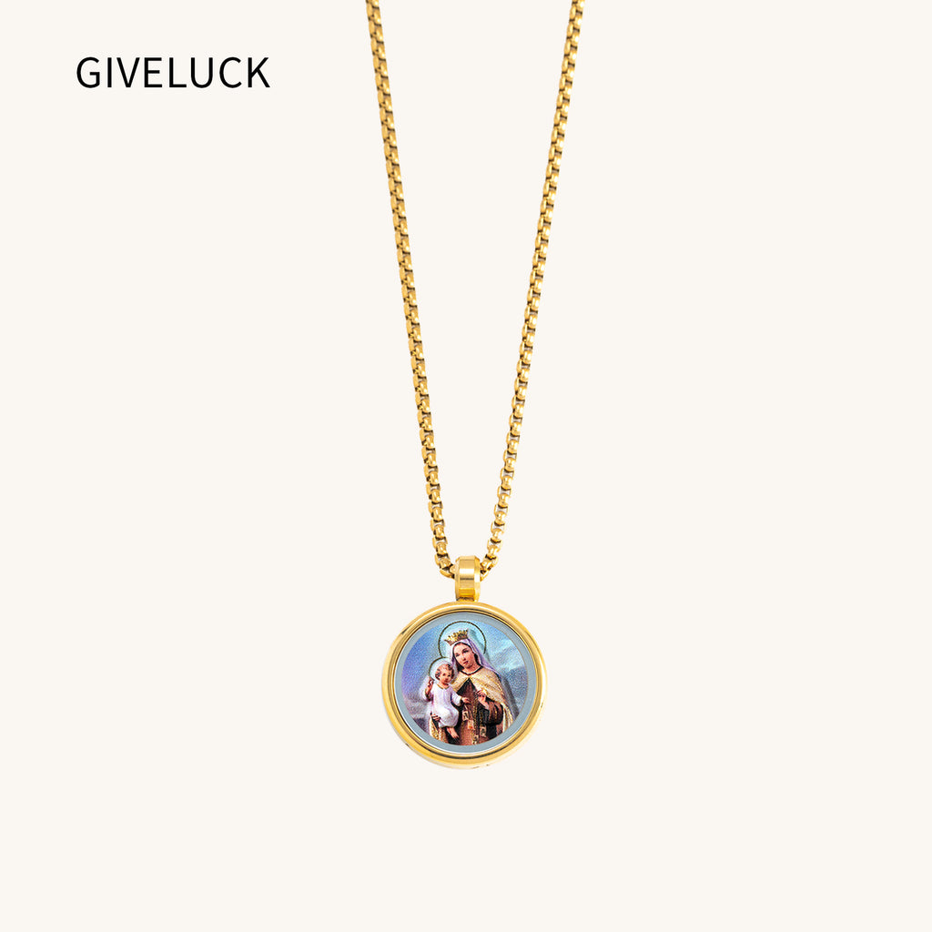 GIVELUCK 18k Plated Gold Catholic Our Lady of Mount Carmel Devotional Medal Cameo Embossing Pendant Necklace for Women and Men
