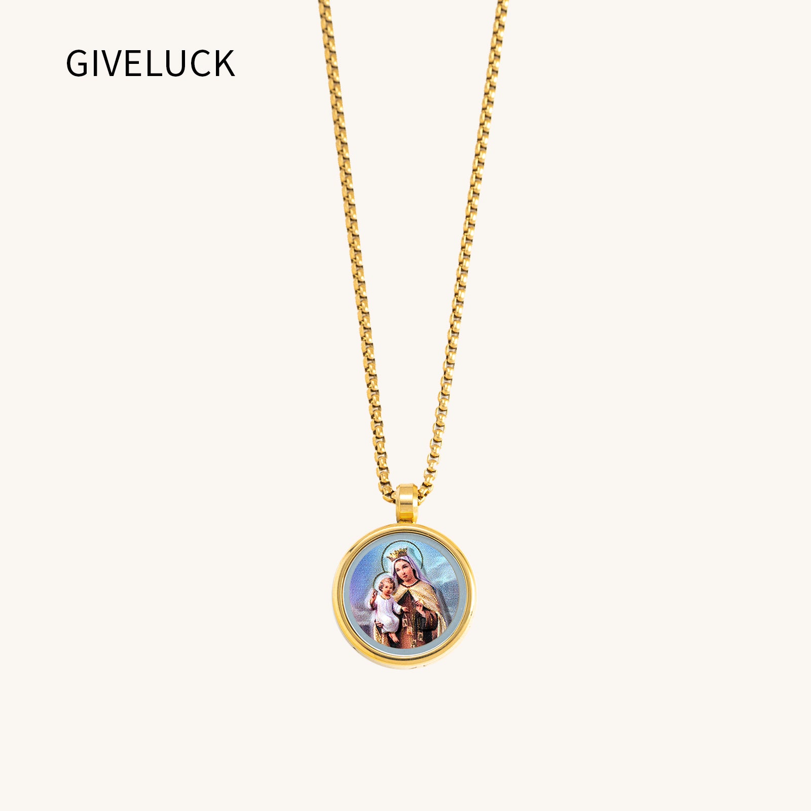 GIVELUCK 18k Plated Gold Catholic Our Lady of Mount Carmel Devotional Medal Cameo Embossing Pendant Necklace for Women and Men