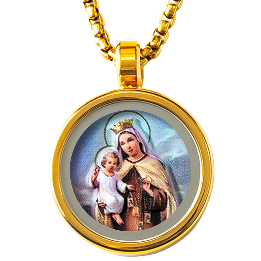 GIVELUCK 18k Plated Gold Catholic Our Lady of Mount Carmel Devotional Medal Cameo Embossing Pendant Necklace for Women and Men