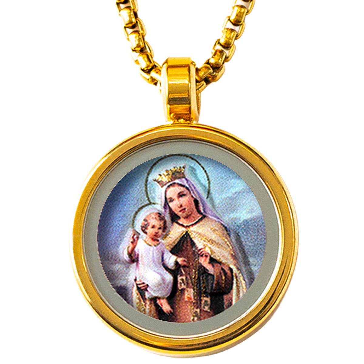 GIVELUCK 18k Plated Gold Catholic Our Lady of Mount Carmel Devotional Medal Cameo Embossing Pendant Necklace for Women and Men