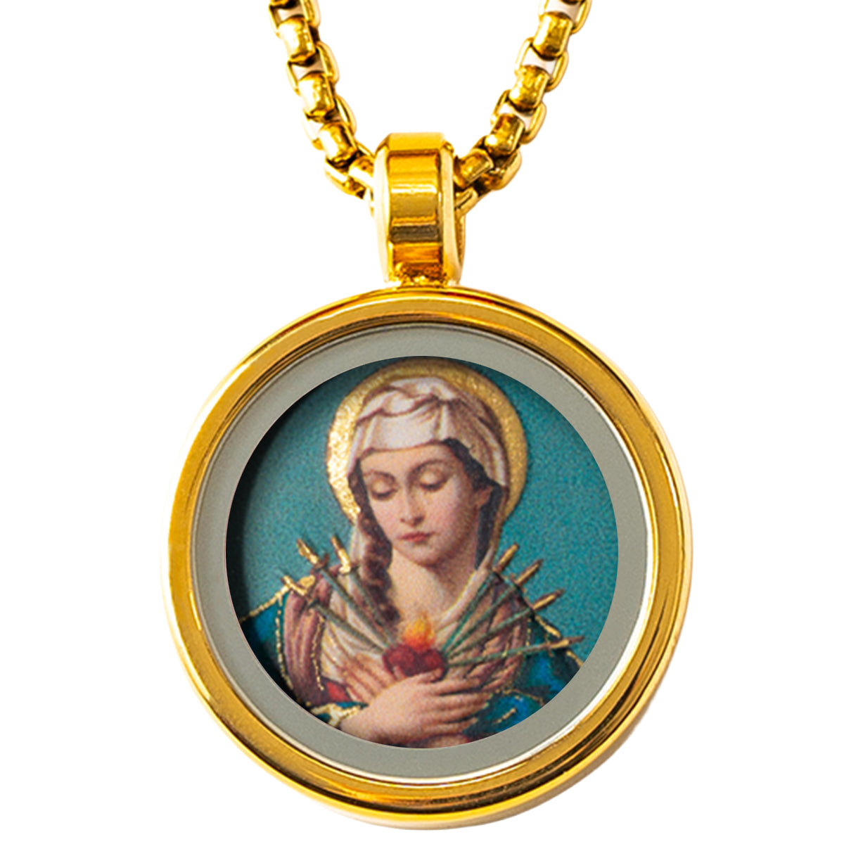 GIVELUCK 18k Plated Gold Pendant Necklace Cameo Embossing Catholic Medal Our Lady of Sorrows Virgin Mary Miraculous Medal for Women and Men