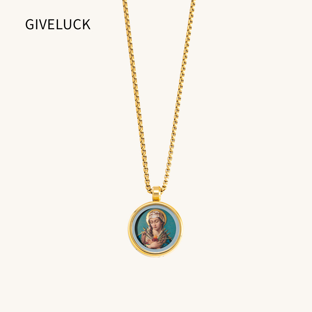 GIVELUCK 18k Plated Gold Pendant Necklace Cameo Embossing Catholic Medal Our Lady of Sorrows Virgin Mary Miraculous Medal for Women and Men