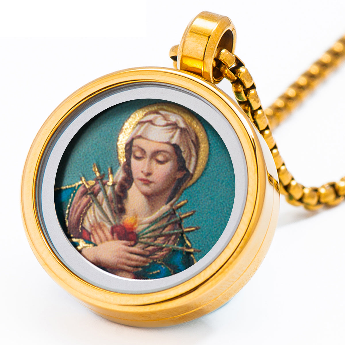 GIVELUCK 18k Plated Gold Pendant Necklace Cameo Embossing Catholic Medal Our Lady of Sorrows Virgin Mary Miraculous Medal for Women and Men
