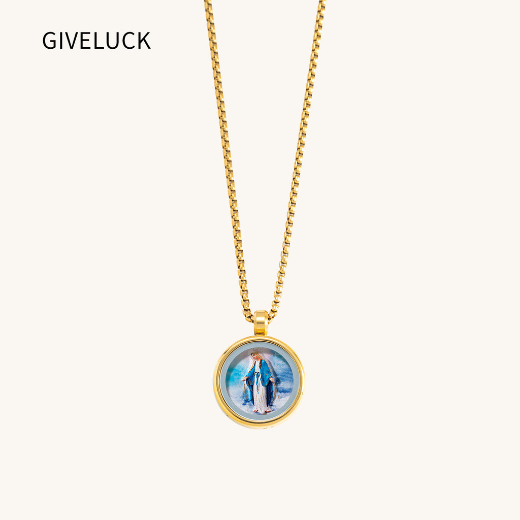 GIVELUCK 18k Plated Gold Catholic Pendant Necklace Cameo Embossing Our Lady of the Miraculous Medal Devotional Medal