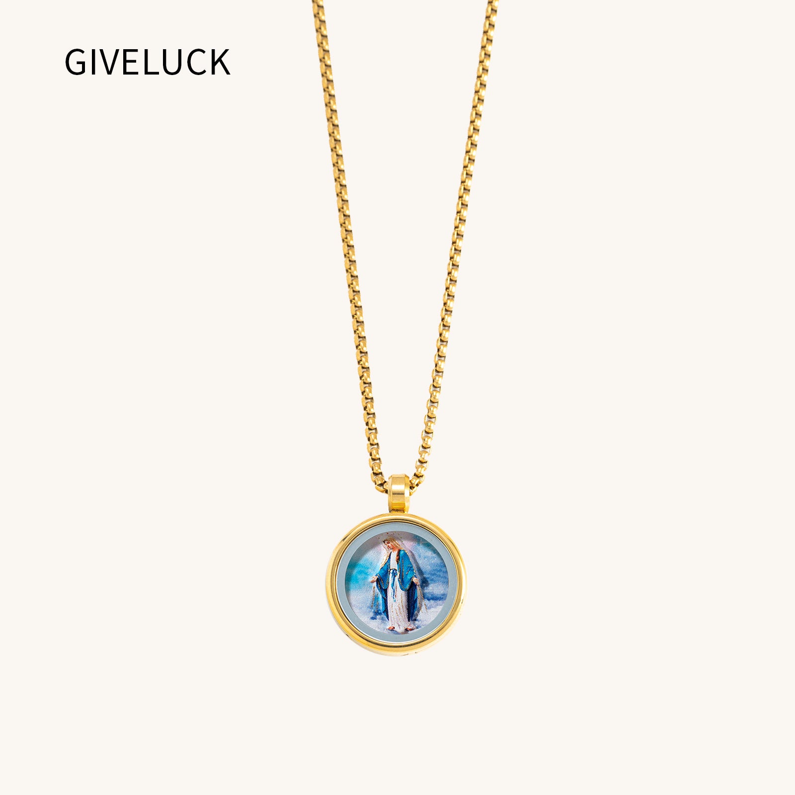GIVELUCK 18k Plated Gold Catholic Pendant Necklace Cameo Embossing Our Lady of the Miraculous Medal Devotional Medal