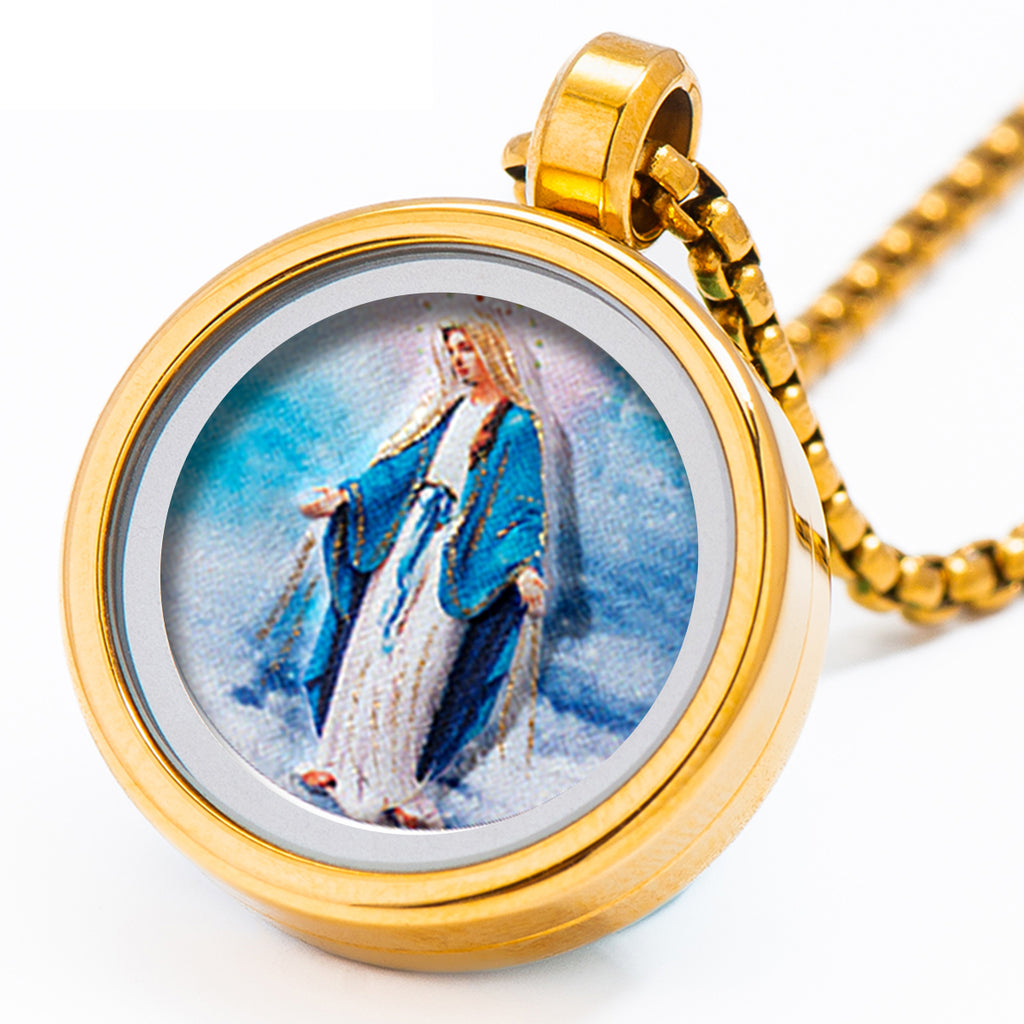GIVELUCK 18k Plated Gold Catholic Pendant Necklace Cameo Embossing Our Lady of the Miraculous Medal Devotional Medal
