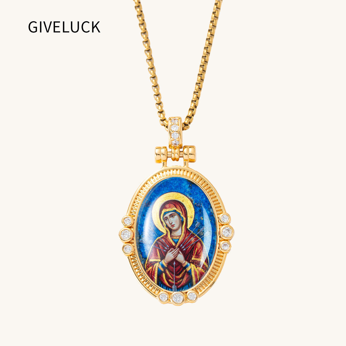 Hand-Painted Theotokos of Kazan Icon Necklace, Tiger's Eye, 18K Gold Plated, Orthodox Christian Jewelry