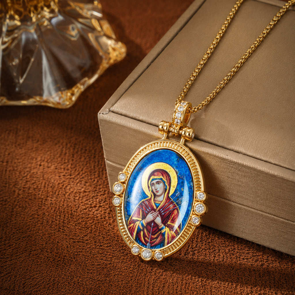 Hand-Painted Theotokos of Kazan Icon Necklace, Tiger's Eye, 18K Gold Plated, Orthodox Christian Jewelry