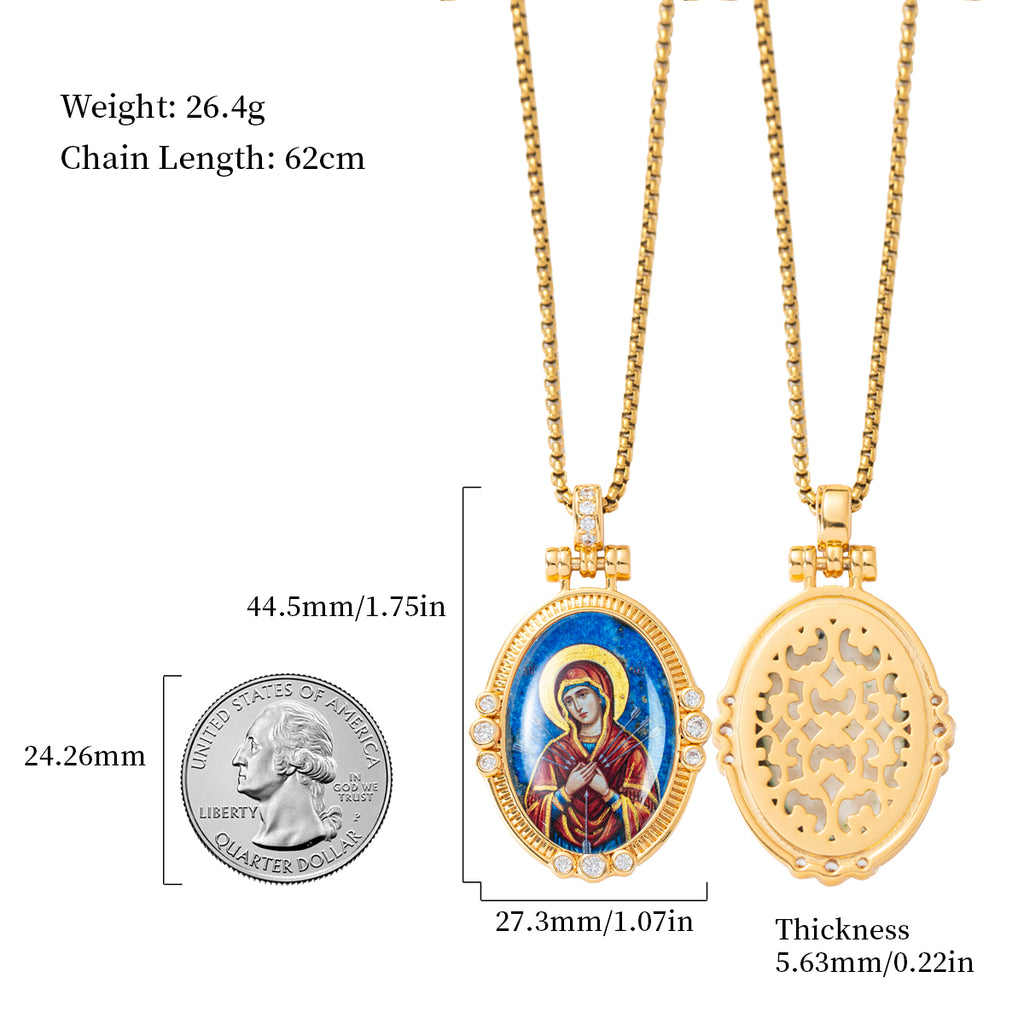 Hand-Painted Theotokos of Kazan Icon Necklace, Tiger's Eye, 18K Gold Plated, Orthodox Christian Jewelry