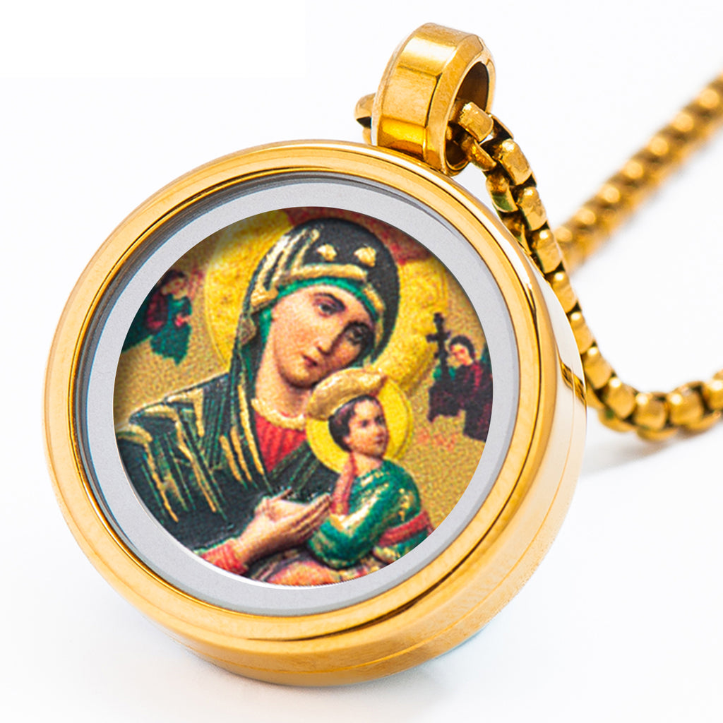 GIVELUCK 18k Plated Gold Catholic Pendant Necklace for Women and Men Cameo Embossing Our Mother of Perpetual Help Virgin Mary Miraculous Medal