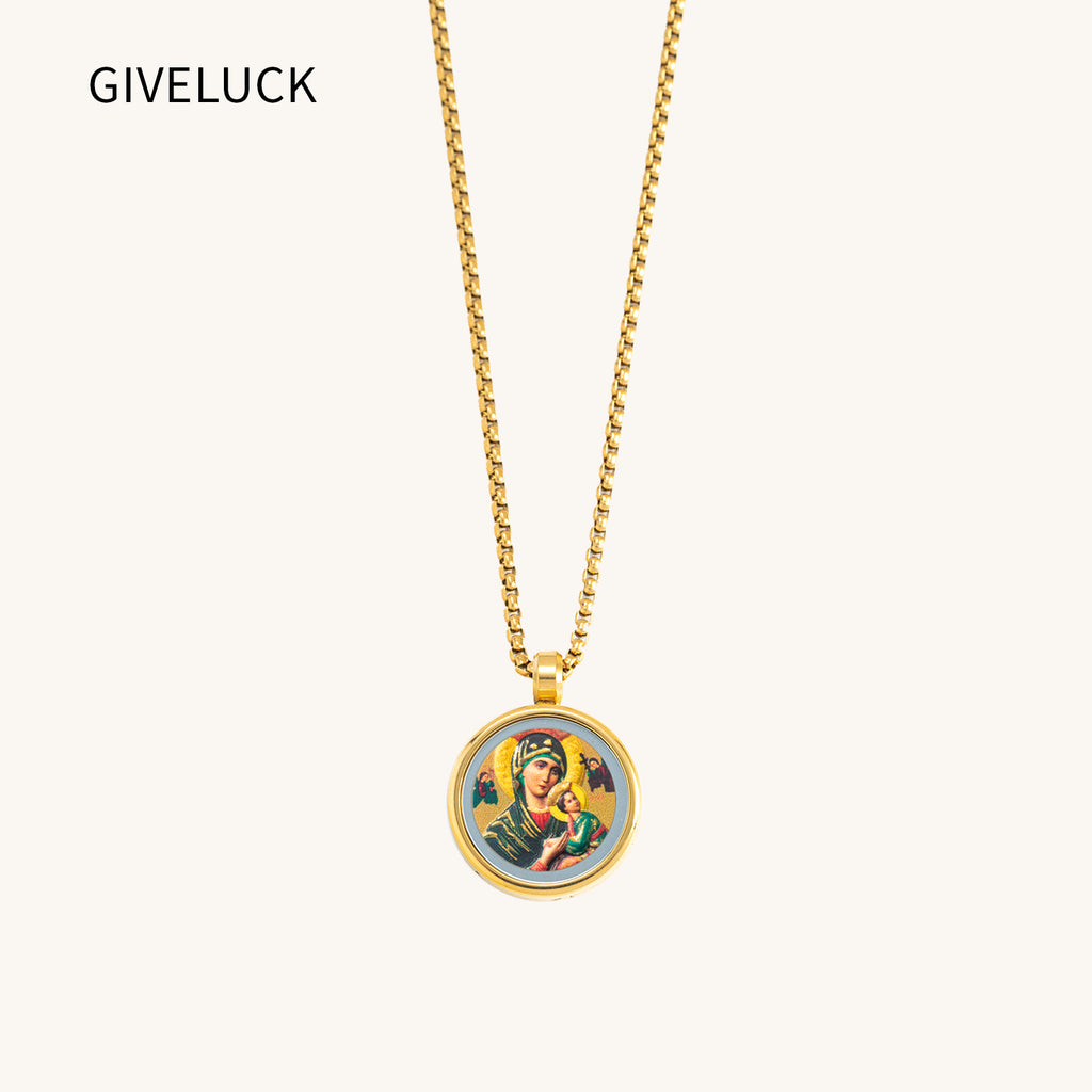 GIVELUCK 18k Plated Gold Catholic Pendant Necklace for Women and Men Cameo Embossing Our Mother of Perpetual Help Virgin Mary Miraculous Medal
