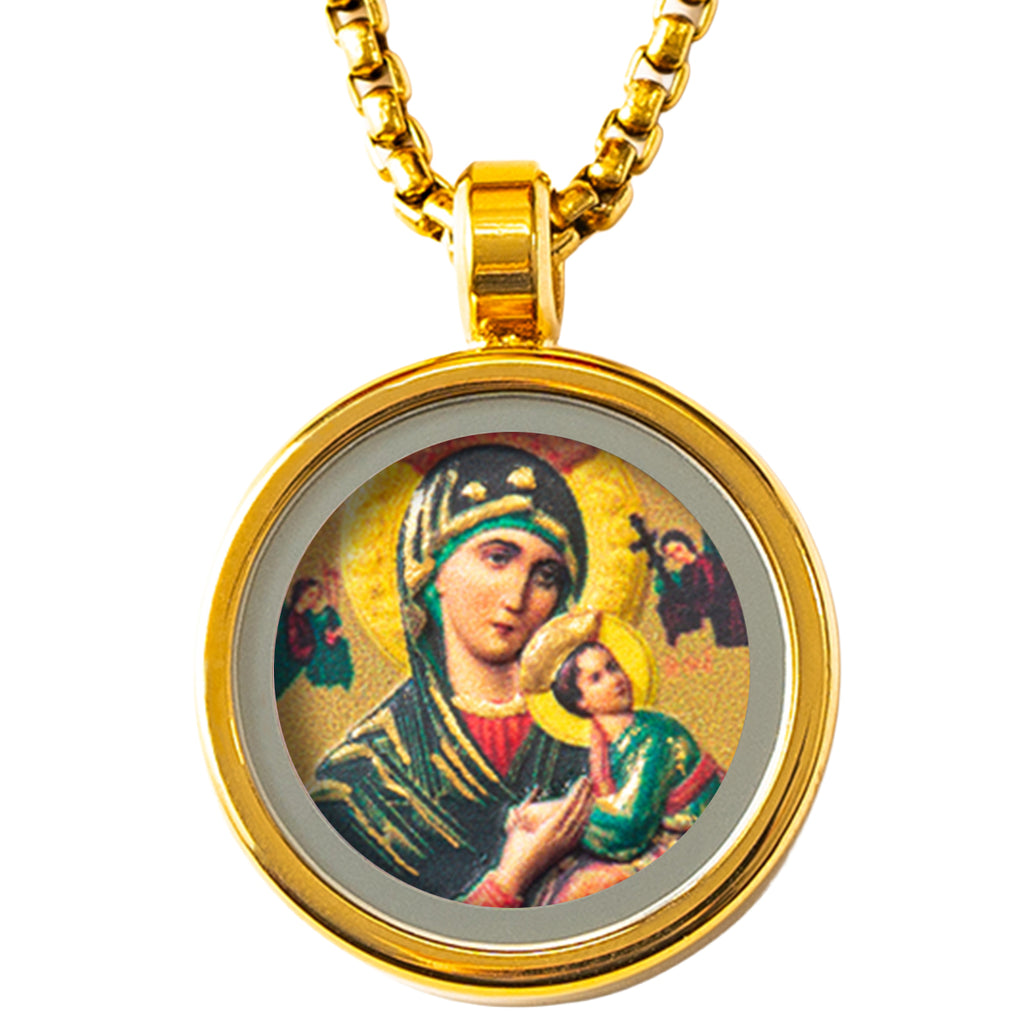 GIVELUCK 18k Plated Gold Catholic Pendant Necklace for Women and Men Cameo Embossing Our Mother of Perpetual Help Virgin Mary Miraculous Medal