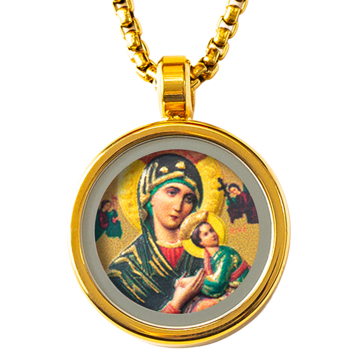 GIVELUCK 18k Plated Gold Catholic Pendant Necklace for Women and Men Cameo Embossing Our Mother of Perpetual Help Virgin Mary Miraculous Medal