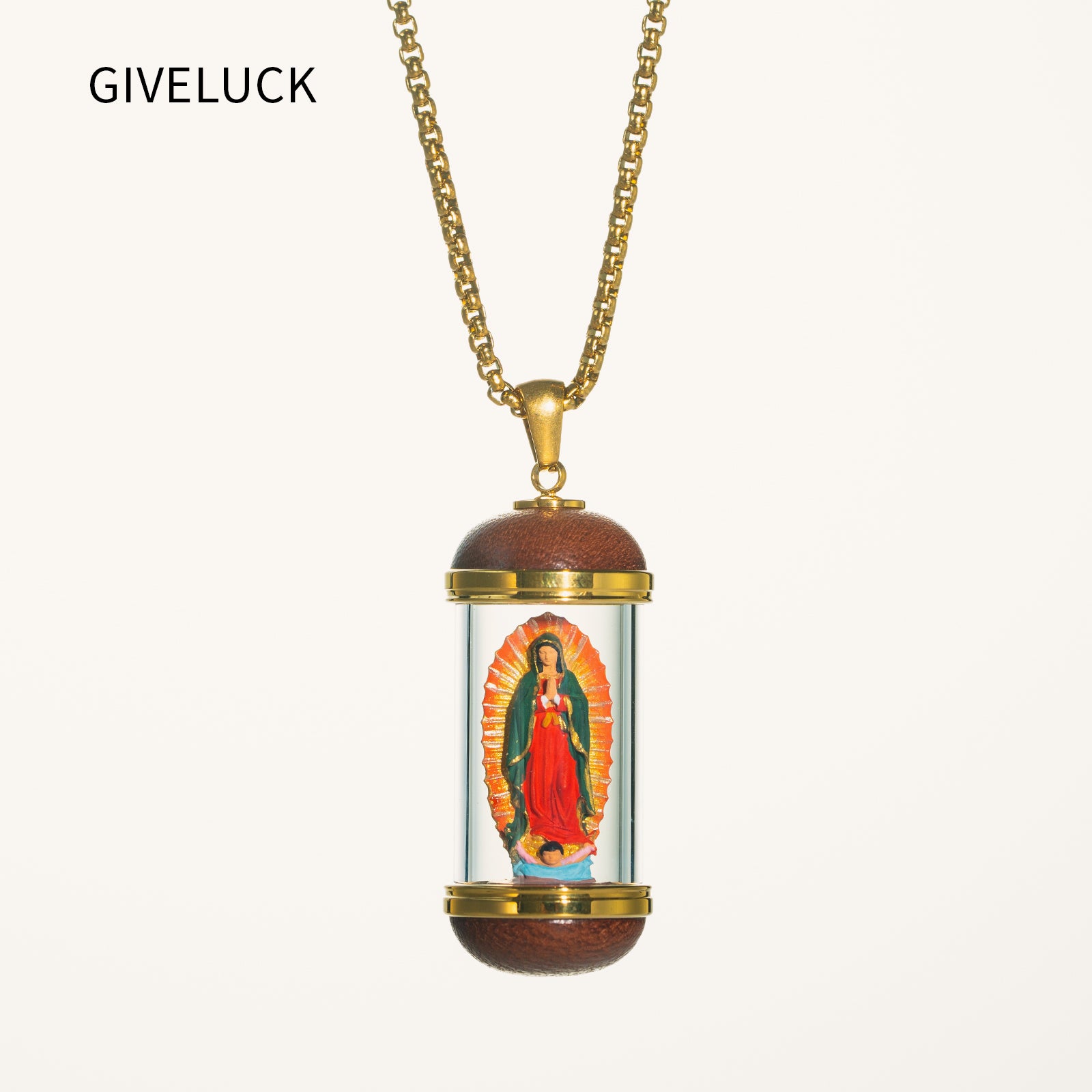 18K Gold Plated Saint Miniature Necklace, Our Lady of Guadalupe Devotional Medal, Mary Magdalene necklace, Shimmering rainbow finish, Hand‑Painted Sacred Art Faith Jewelry for Men and Women
