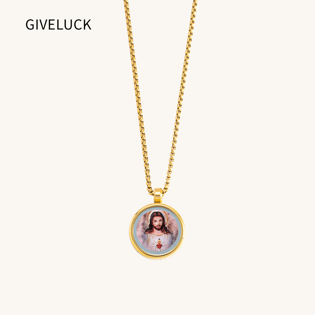GIVELUCK 18k Plated Gold Catholic Sacred Heart of Jesus Devotional Medal Cameo Embossing Pendant Necklace for Man and Women