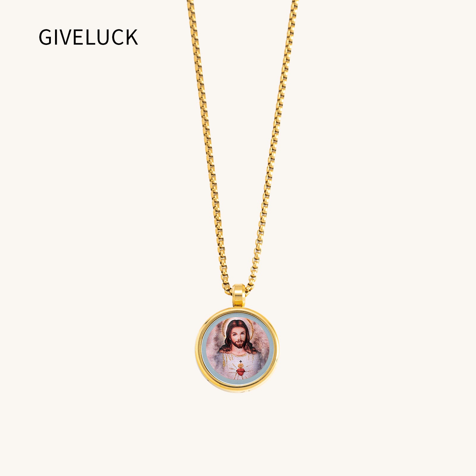GIVELUCK 18k Plated Gold Catholic Sacred Heart of Jesus Devotional Medal Cameo Embossing Pendant Necklace for Man and Women
