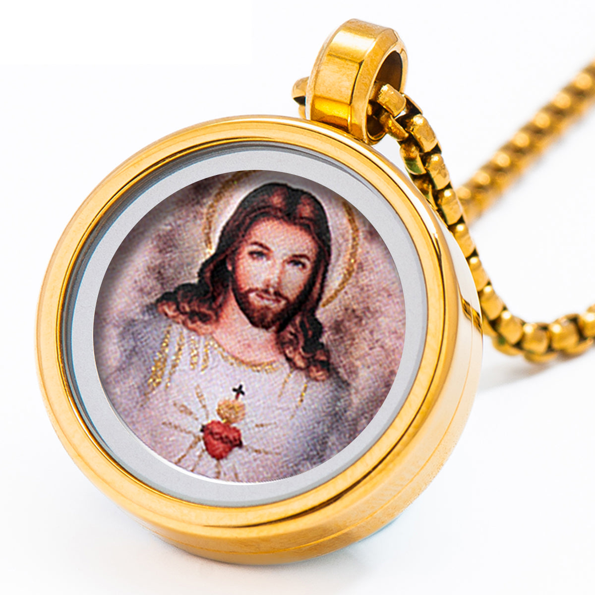 GIVELUCK 18k Plated Gold Catholic Sacred Heart of Jesus Devotional Medal Cameo Embossing Pendant Necklace for Man and Women