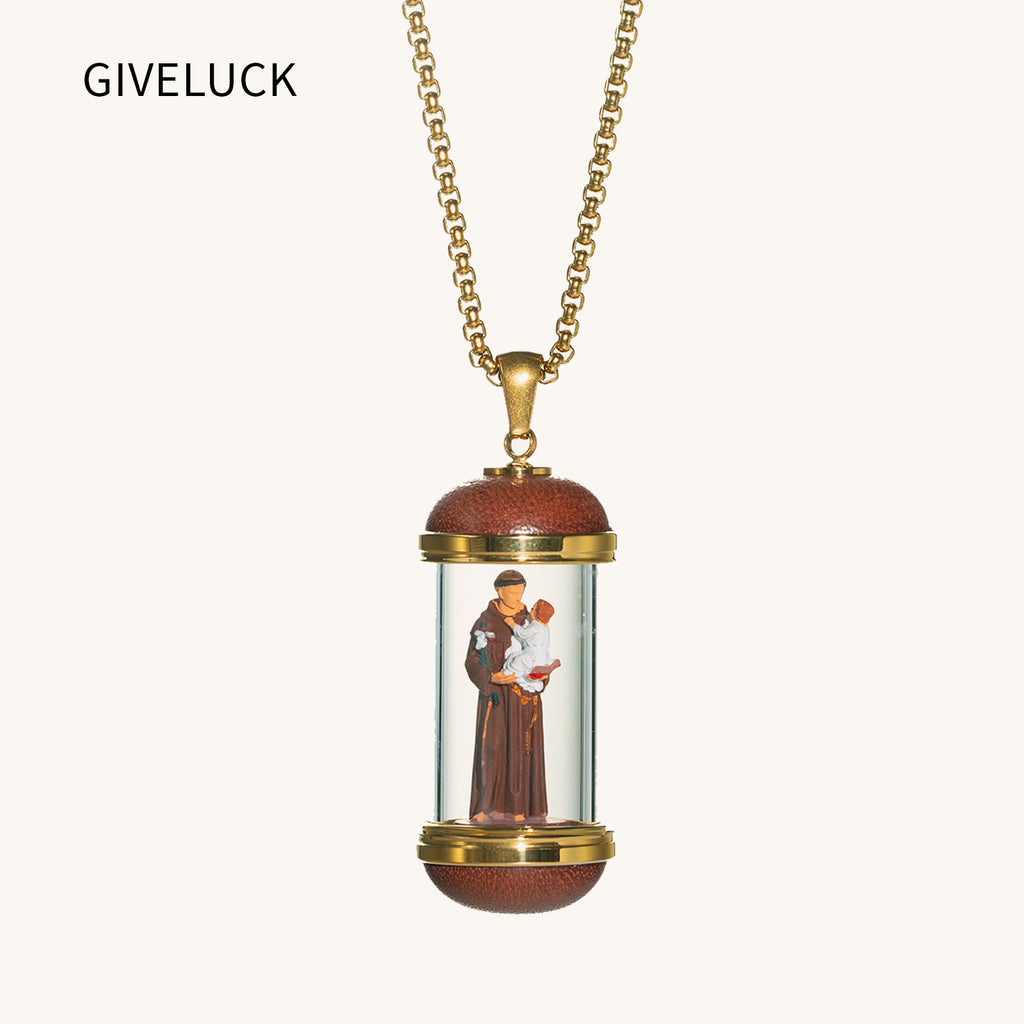 18K Gold Plated Saint Anthony Miniature Necklace, Saint Anthony Devotional Medal,  Hand‑Painted Sacred Art Faith Jewelry for Men and Women