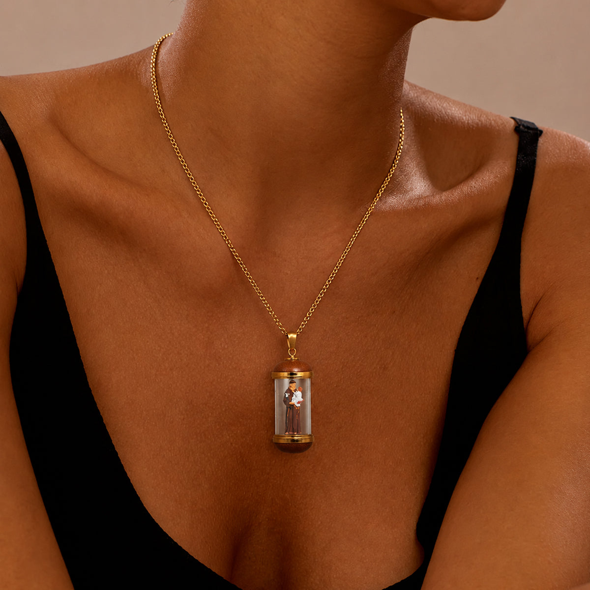 18K Gold Plated Saint Anthony Miniature Necklace, Saint Anthony Devotional Medal,  Hand‑Painted Sacred Art Faith Jewelry for Men and Women