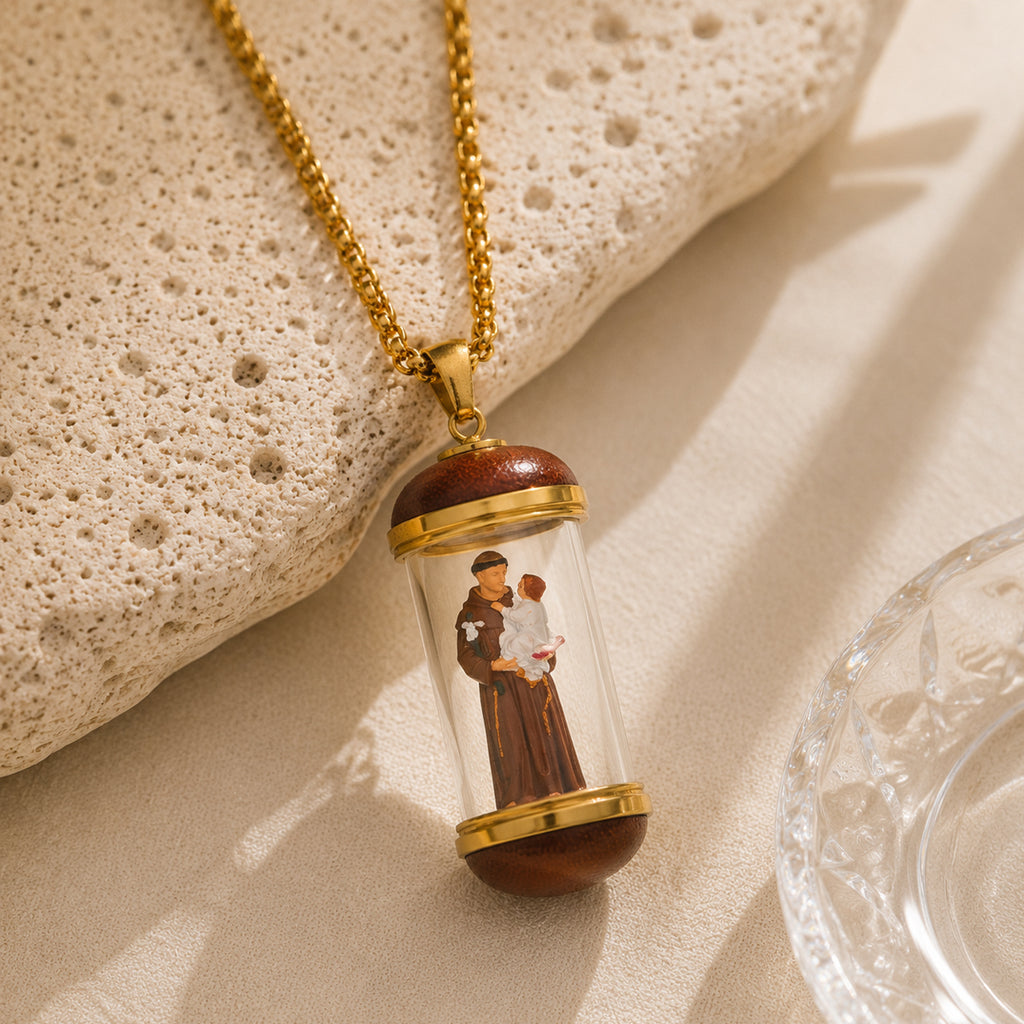 18K Gold Plated Saint Anthony Miniature Necklace, Saint Anthony Devotional Medal,  Hand‑Painted Sacred Art Faith Jewelry for Men and Women
