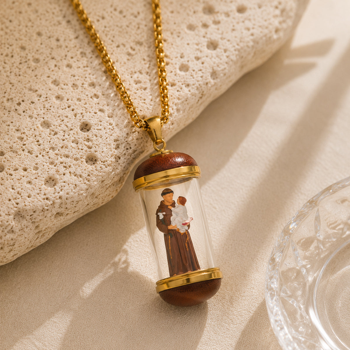 18K Gold Plated Saint Anthony Miniature Necklace, Saint Anthony Devotional Medal,  Hand‑Painted Sacred Art Faith Jewelry for Men and Women