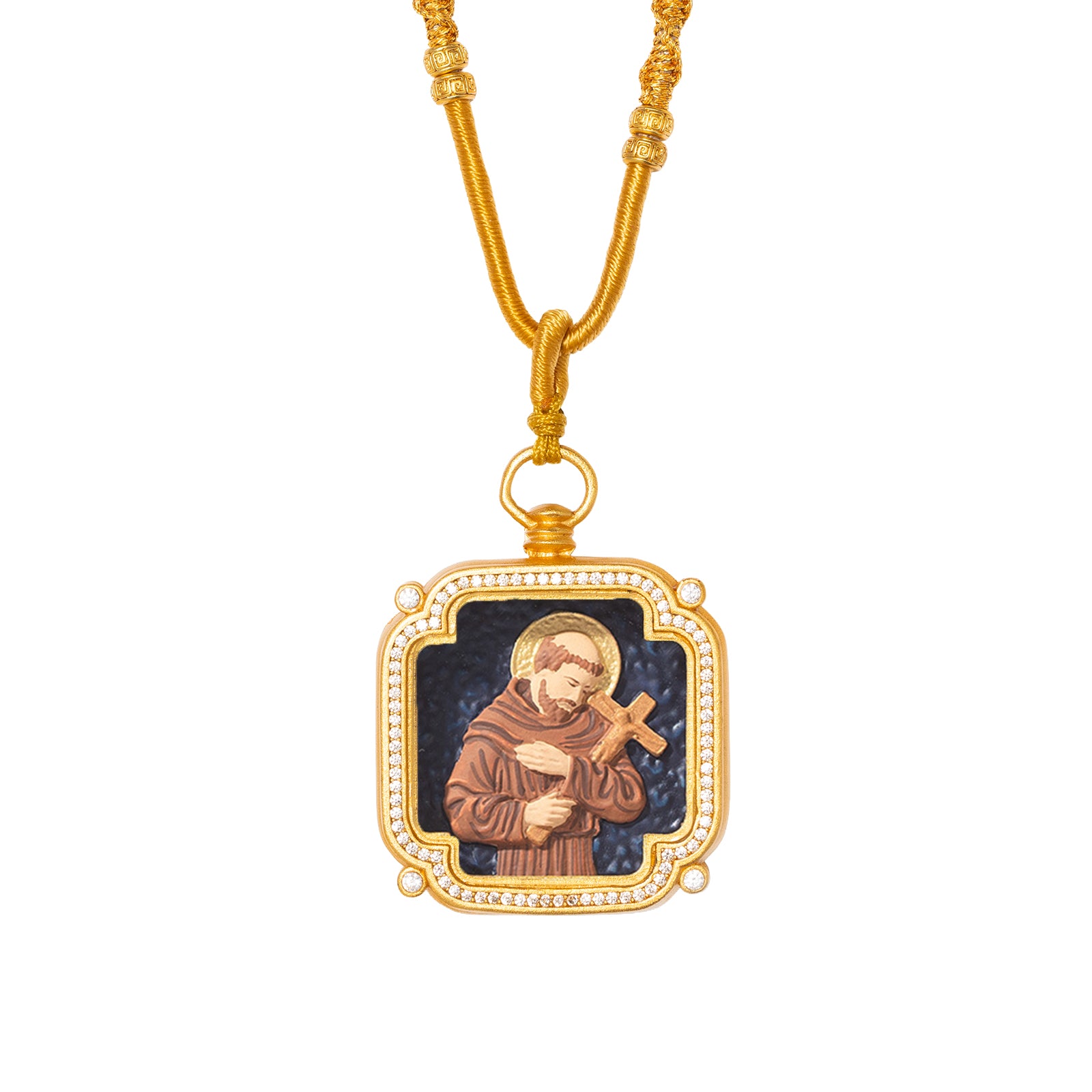 18k Plated Gold Zircon Pendant Necklace Cameo Embossing Catholic Medal Saint-Francis-of-Assisi Devotional Medal Protection Medal