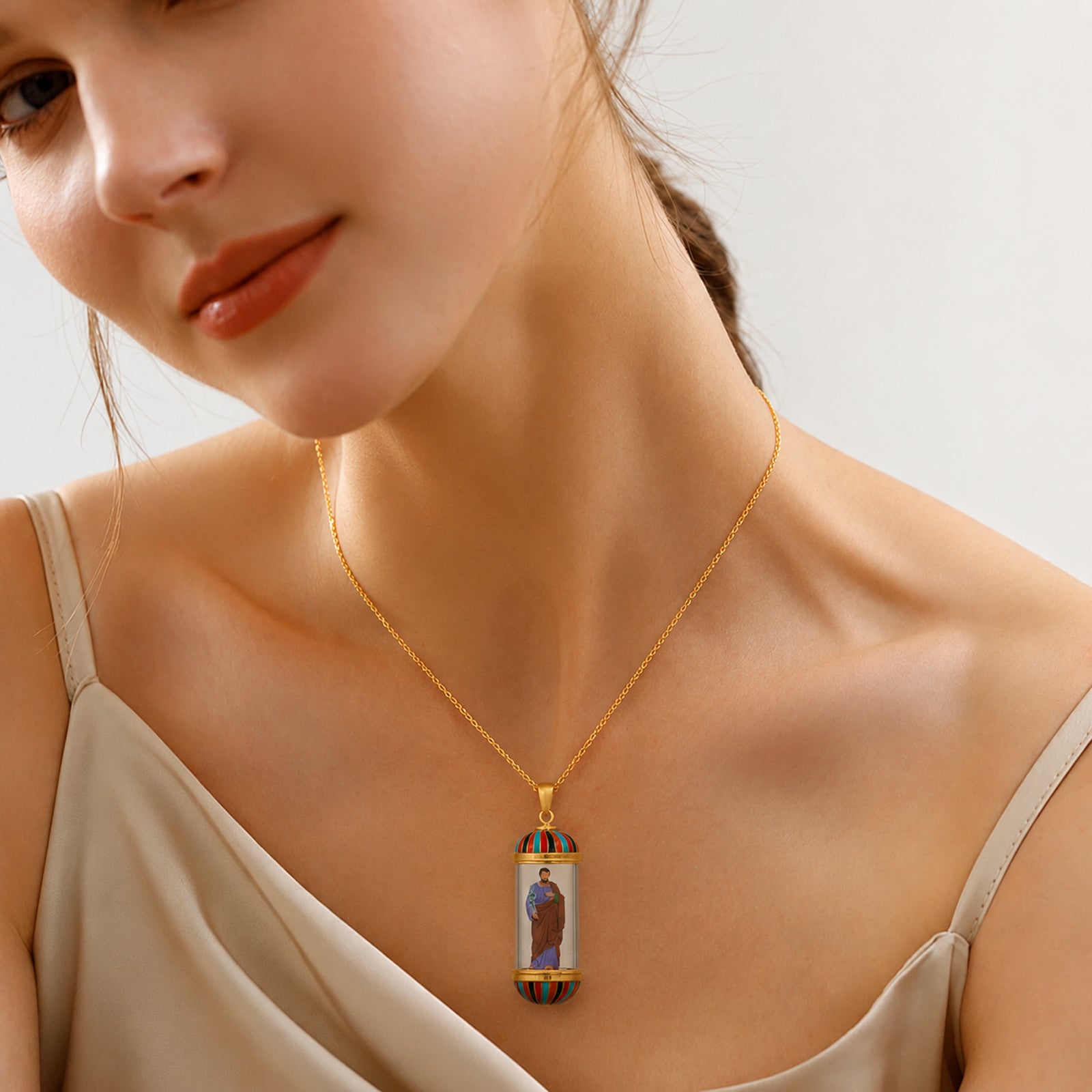 18K Gold Plated Saint Joseph Miniature Necklace, Devotional Medal, Shimmering rainbow finish, Hand‑Painted Sacred Art Faith Jewelry for Men and Women