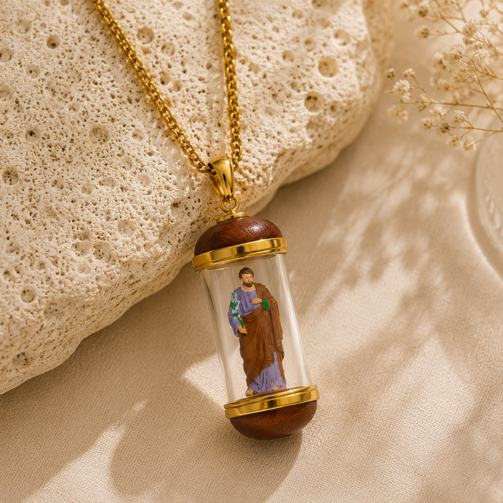 18K Gold Plated Saint Joseph Miniature Necklace, Devotional Medal, Shimmering rainbow finish, Hand‑Painted Sacred Art Faith Jewelry for Men and Women