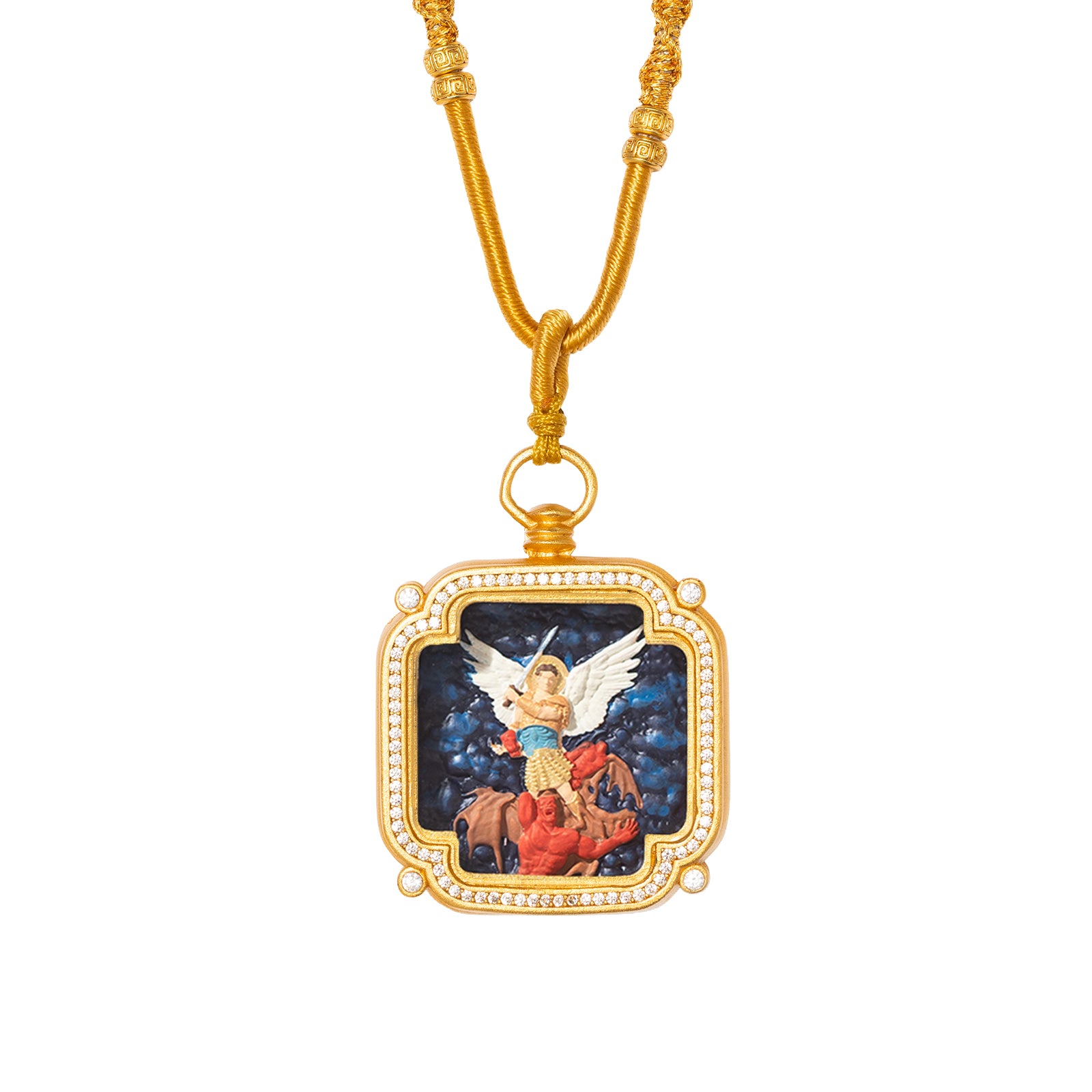 IVELUCK 18k Plated Gold Zircon Pendant Necklace Cameo Embossing Catholic Medal Saint Michael the Archangel Protection Medal for Men and Women