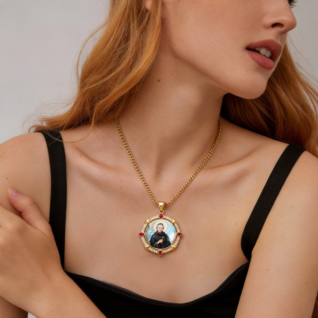 GIVELUCK 18k Plated Gold Enamel Pendant Ruby Protection Necklace Saint Peregrine Necklace for Men and Women