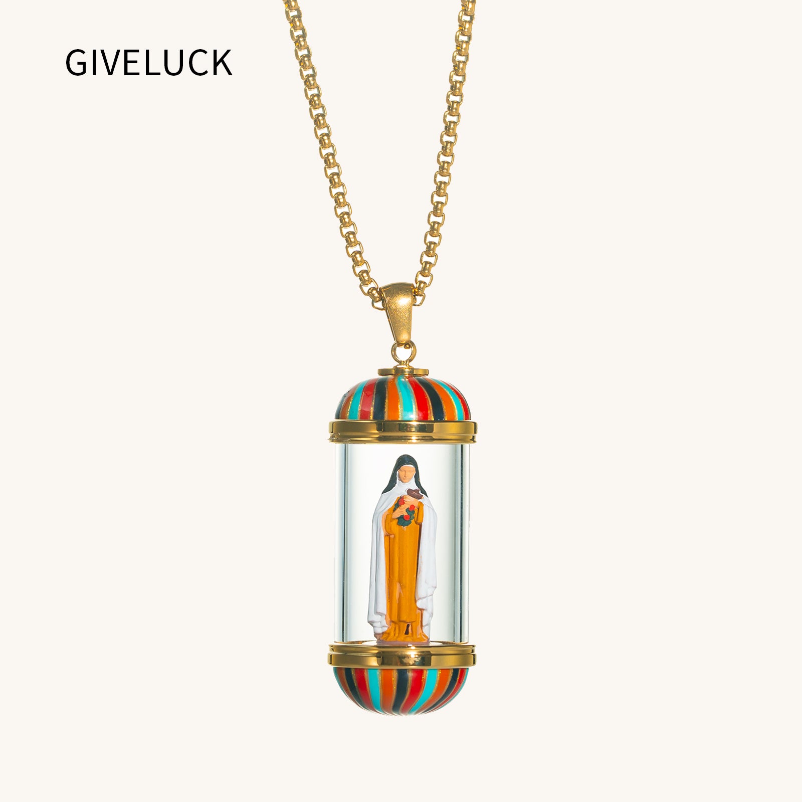 GIVELUCK 18K Gold Plated Saint Therese of Lisieux Miniature Necklace, Devotional Medal, Shimmering rainbow finish, Hand‑Painted Sacred Art Faith Jewelry for Men and Women